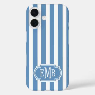 Blue and White Monogrammed Stripes iPhone 16 Case