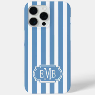 Blue and White Monogrammed Stripes iPhone 15 Pro Max Case