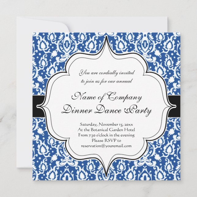 Blue and White Moroccan Damask Invitation (Front)