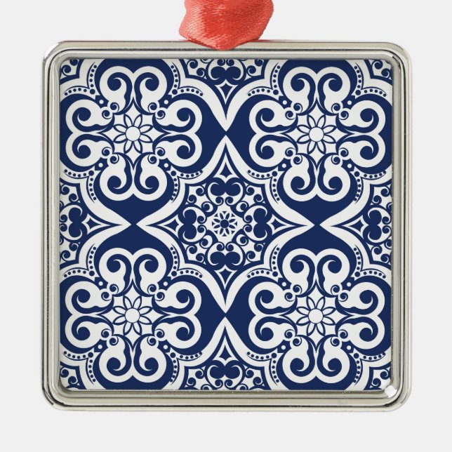 Blue and White Moroccan Pattern Metal Ornament (Front)