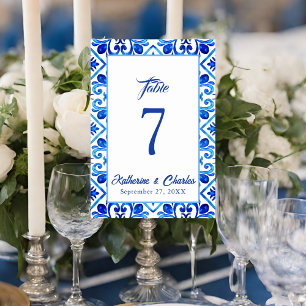 Blue and White Moroccan Tile Pattern Wedding  Table Number