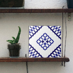 Blue and White Mosaic Geometric Azulejo Pattern Tile