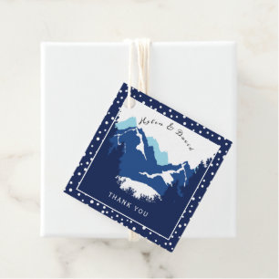 Blue and white mountains and polka dots wedding favour tags