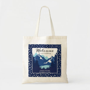 Blue and white mountains wedding welcome tote bag