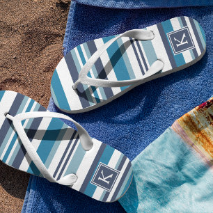 Blue and White Multi Stripe Monogram Flip Flops