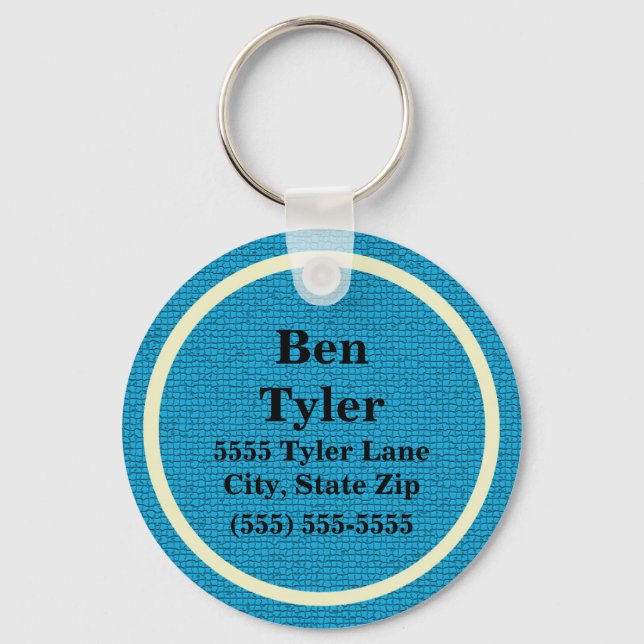 Blue and White Name Address Phone Keychain (Front)