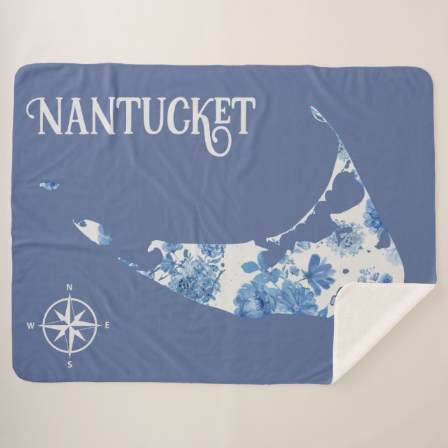 Blue and White Nantucket Sherpa Blanket  (Front (Horizontal))