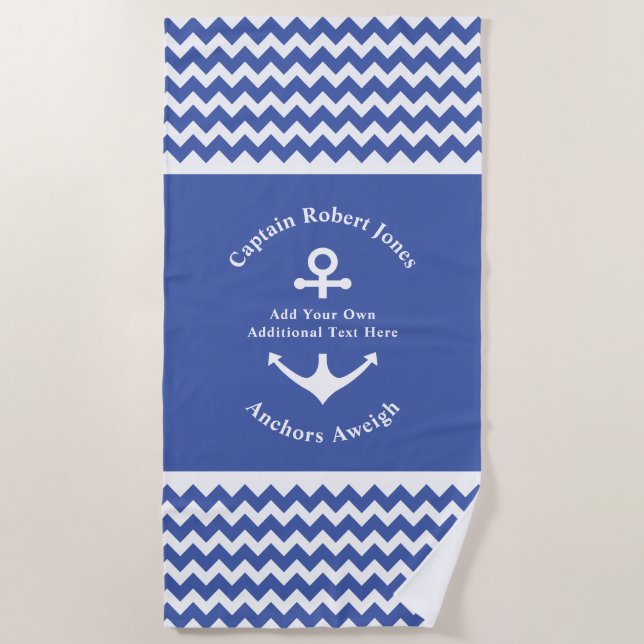 Blue and White Nautical Anchor Birthday Cruise Beach Towel (Front)