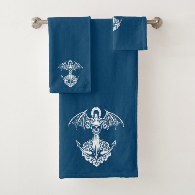 Blue and white nautical boat anchor bath bath towel set (Insitu)