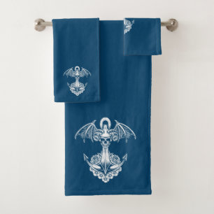 Blue and white nautical boat anchor bath towel set