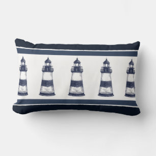 Blue and White Nautical Lighthouse Lumbar Pillow