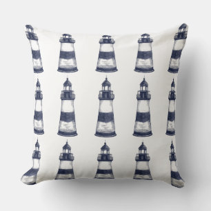 Blue and White Nautical Lighthouse Throw Pillow