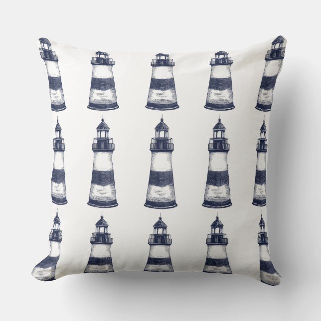 Blue and White Nautical Lighthouse Throw Pillow (Front)