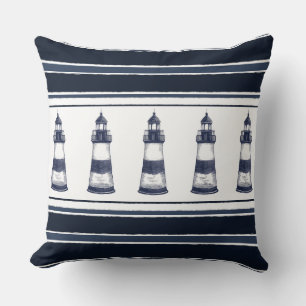Blue and White Nautical Lighthouse Throw Pillow