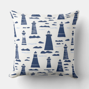 Blue and White Nautical Lighthouse Throw Pillow