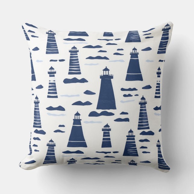 Blue and White Nautical Lighthouse Throw Pillow (Front)