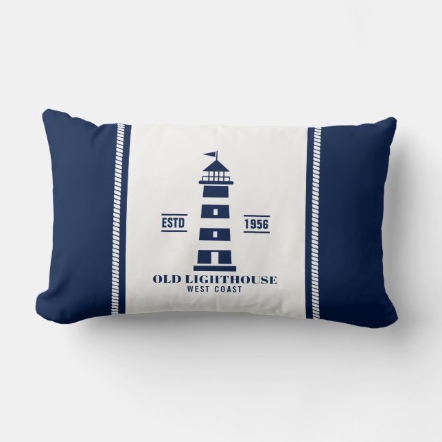 Blue and White Nautical Pillow, Lighthouse Badge Lumbar Pillow (Front)