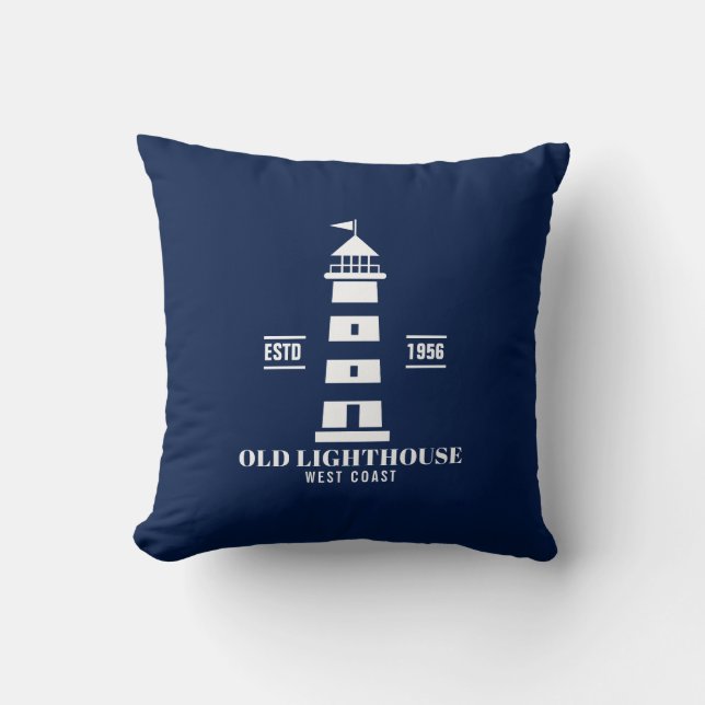Blue and White Nautical Pillow, Lighthouse Badge Throw Pillow (Front)