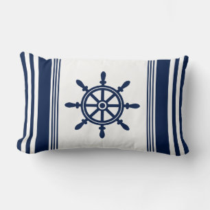 Blue and White Nautical Pillow, Ship Wheel Lumbar Pillow