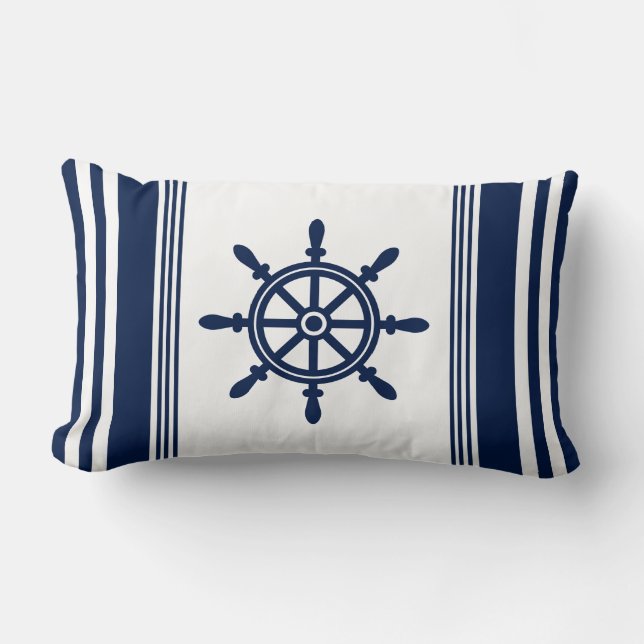Blue and White Nautical Pillow, Ship Wheel Lumbar Pillow (Front)