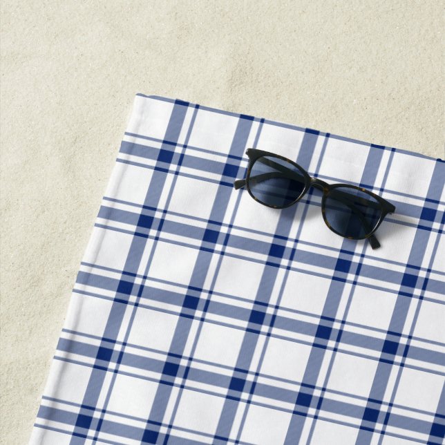 Blue and White Nautical Plaid Beach Towel (In Situ)