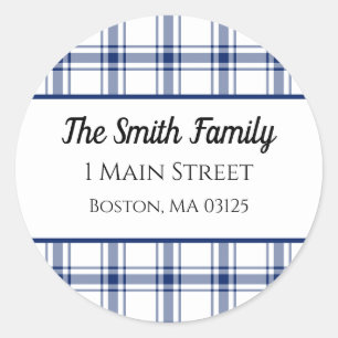 Blue and White Nautical Plaid Classic Round Sticker