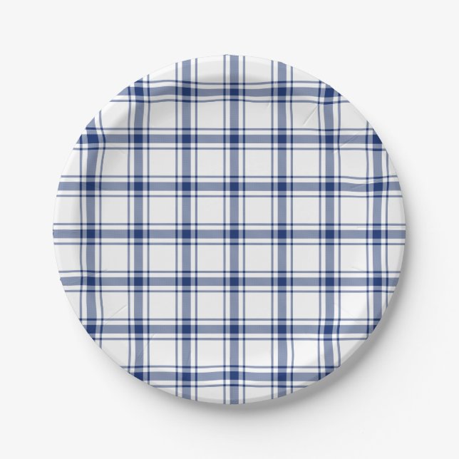 Blue and White Nautical Plaid Paper Plate (Front)