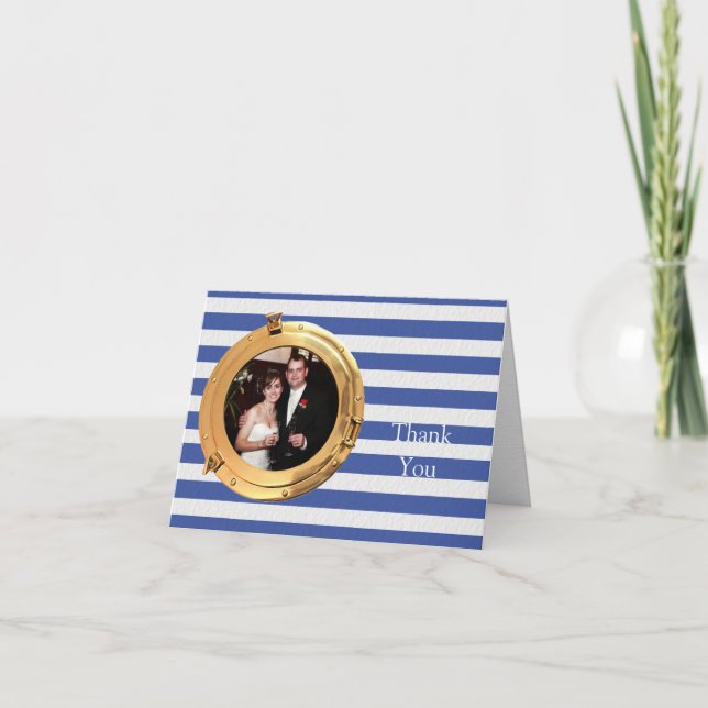 Blue and White Nautical Port Hole Frame Wedding Thank You Card (Front)