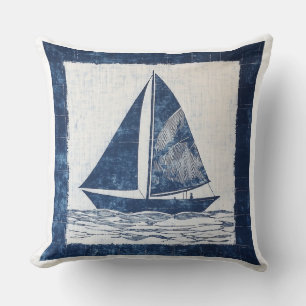 Blue and White Nautical Sailing Boat Throw Pillow