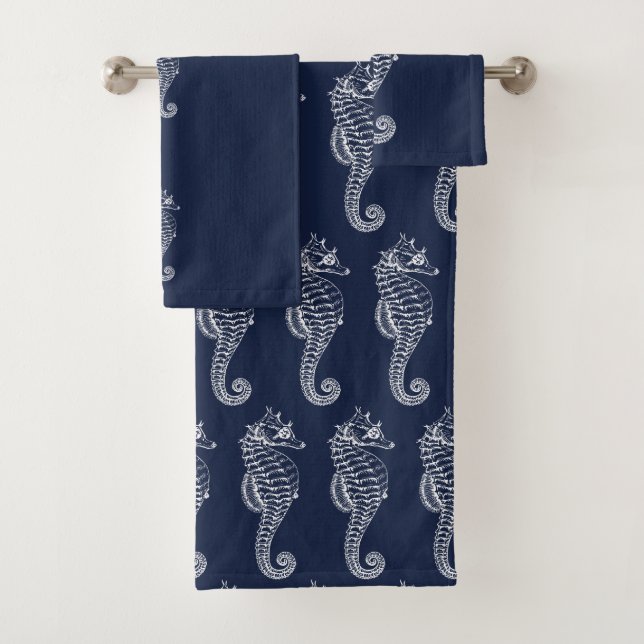 Blue and White Nautical Seahorse Bath Towel Set (Insitu)