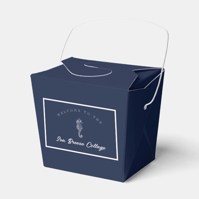 Blue and White Nautical Seahorse Favor Box (Front Side)