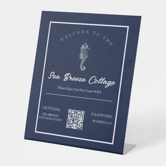 Blue and White Nautical Seahorse Hospitality Wifi Pedestal Sign (Front)