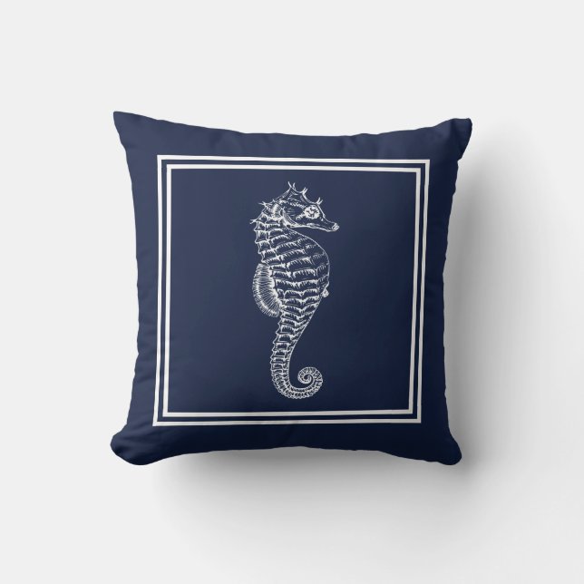 Blue and White Nautical Seahorse Throw Pillow (Front)