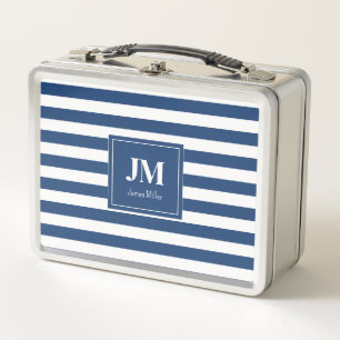 Blue and White Nautical Stripes Monogram Metal Lunch Box