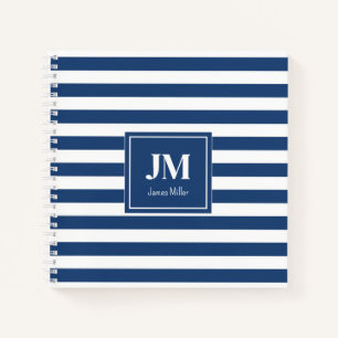 Blue and White Nautical Stripes Monogram Notebook