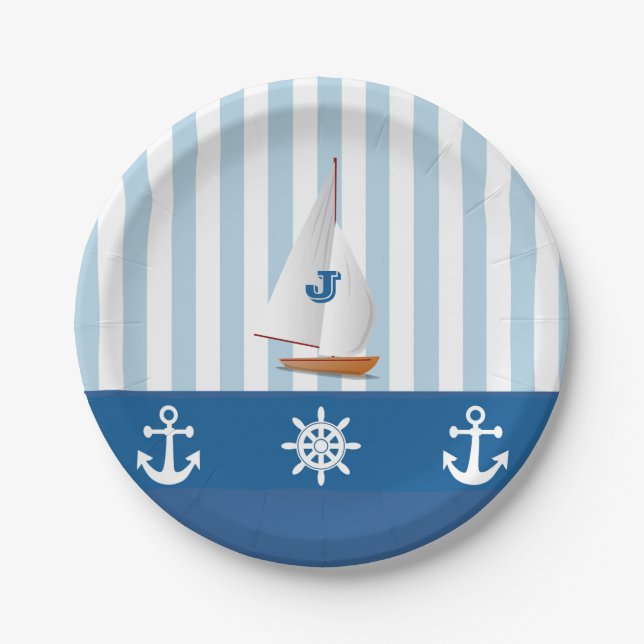Blue and White Nautical  themed Monogramed design. Paper Plate (Front)