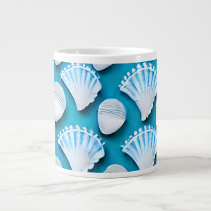 Blue and White Ocean Seashells Pattern Large Coffee Mug