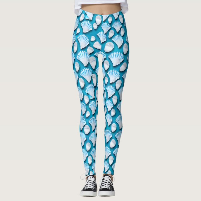 Blue and White Ocean Seashells Pattern Leggings (Front)
