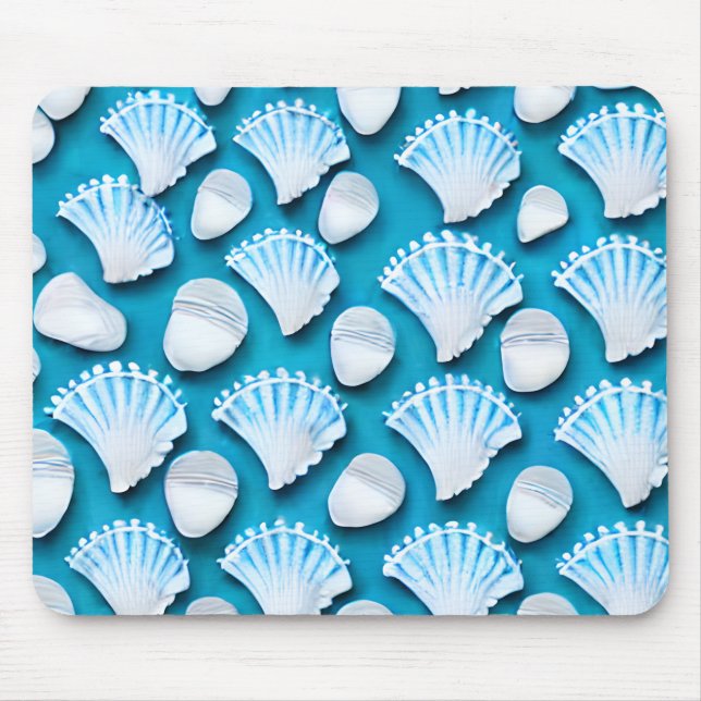 Blue and White Ocean Seashells Pattern Mouse Pad (Front)