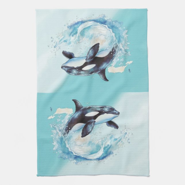 Blue and White Ocra Ocean Beach Nautical Kitchen Towel (Vertical)