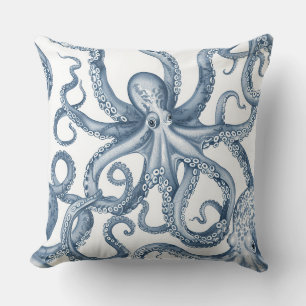 Blue and White Octopus Design Pillow. Throw Pillow