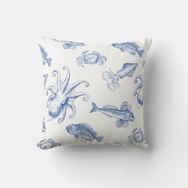 Blue and White Octopus, Squid, Crabs and Fish Throw Pillow (Front)