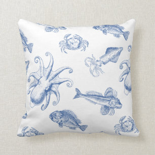 Blue and White Octopus, Squid, Crabs and Fish Throw Pillow