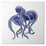 Blue and white Octopus  Tile<br><div class="desc">A blue and white nautical themed print featuring a giant octopus. Great for decorating the bath or art for your beach house.</div>
