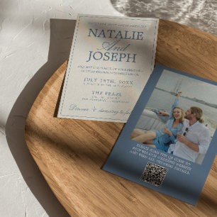 Blue And White Old Money Photo QR Code Wedding Invitation