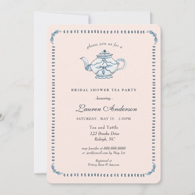 Blue and white on Blush Teapot Bridal shower Invitation (Front)