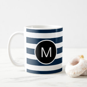 Blue and White (or Custom Colours) Striped Monogra Coffee Mug
