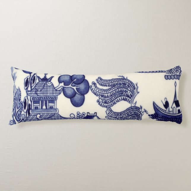 Blue and White Oriental Chinoiserie  Body Pillow (Front)