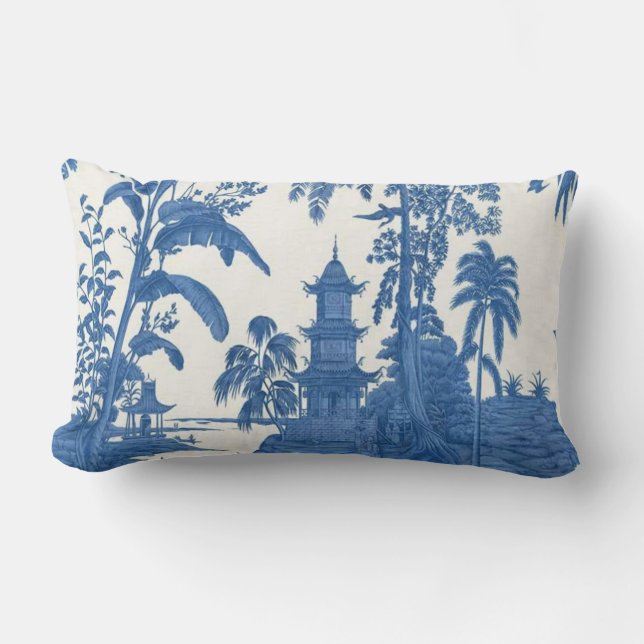 Blue and White Oriental Chinoiserie  Lumbar Pillow (Front)