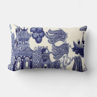 Blue and White Oriental Chinoiserie Lumbar Pillow